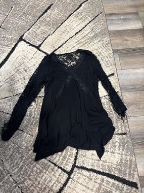 Black Lace-Detail Long Sleeve Blouse